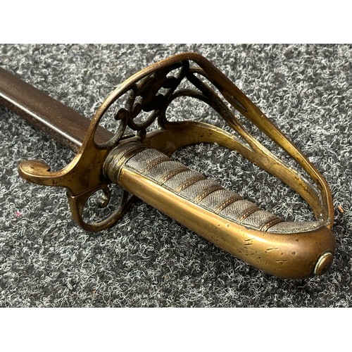 2125 - Victorian British Army Officers 1822 Pattern Sword with pipe backed blade 822mm in length. Brass fol... 