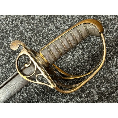 2125 - Victorian British Army Officers 1822 Pattern Sword with pipe backed blade 822mm in length. Brass fol... 