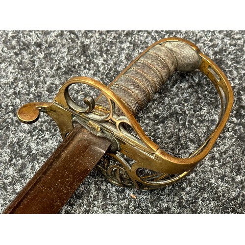 2125 - Victorian British Army Officers 1822 Pattern Sword with pipe backed blade 822mm in length. Brass fol... 