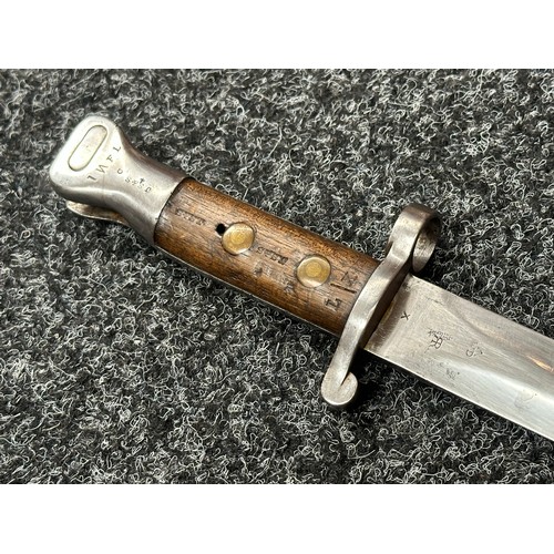 2129 - British Lee-Metford Bayonet with double edged blade 302mm in length, VR Crown dated 2/91 and with mu... 