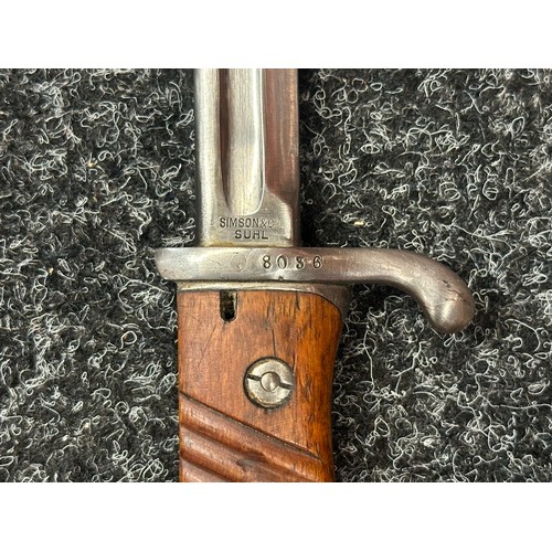 2131 - Mauser 1898 n/A Peruvian Contract Bayonet with pipe backed fullered blade 522mm in length, maker mar... 