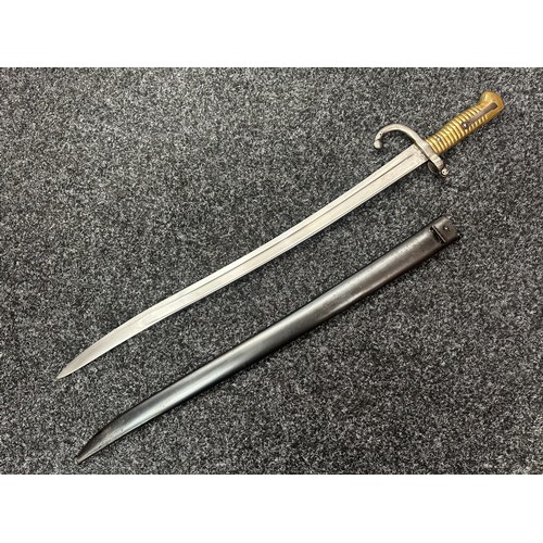 2132 - French 1866 Pattern Chassepot Bayonet with single edged fullered blade 575mm in length, maker marked... 