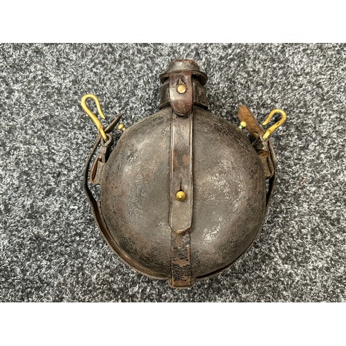 2141 - US Civil War Era Glass Canteen in Black Leather Carrier. Brass suspension hooks. No markings.