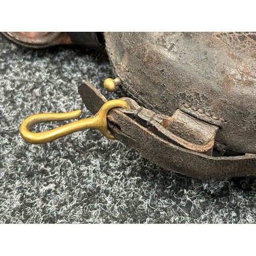 2141 - US Civil War Era Glass Canteen in Black Leather Carrier. Brass suspension hooks. No markings.