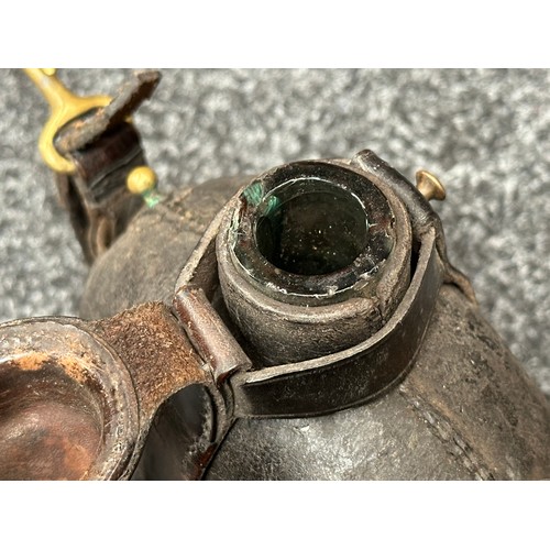 2141 - US Civil War Era Glass Canteen in Black Leather Carrier. Brass suspension hooks. No markings.