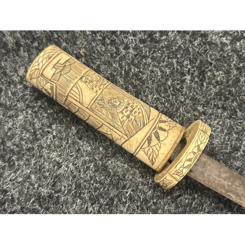 2151 - Chinese Dagger with single edged blade 210mm in length. Bone handle with carved decoration. Overall ... 