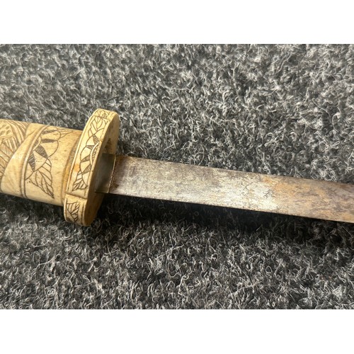 2151 - Chinese Dagger with single edged blade 210mm in length. Bone handle with carved decoration. Overall ... 