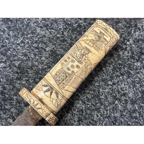 2151 - Chinese Dagger with single edged blade 210mm in length. Bone handle with carved decoration. Overall ... 