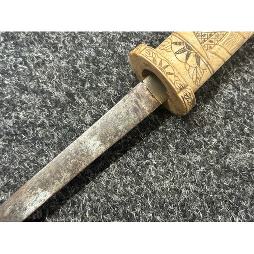 2151 - Chinese Dagger with single edged blade 210mm in length. Bone handle with carved decoration. Overall ... 