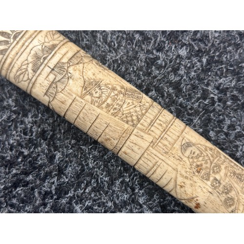 2151 - Chinese Dagger with single edged blade 210mm in length. Bone handle with carved decoration. Overall ... 