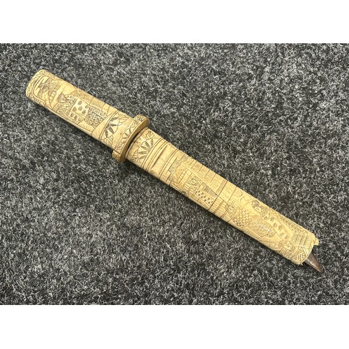 2151 - Chinese Dagger with single edged blade 210mm in length. Bone handle with carved decoration. Overall ... 