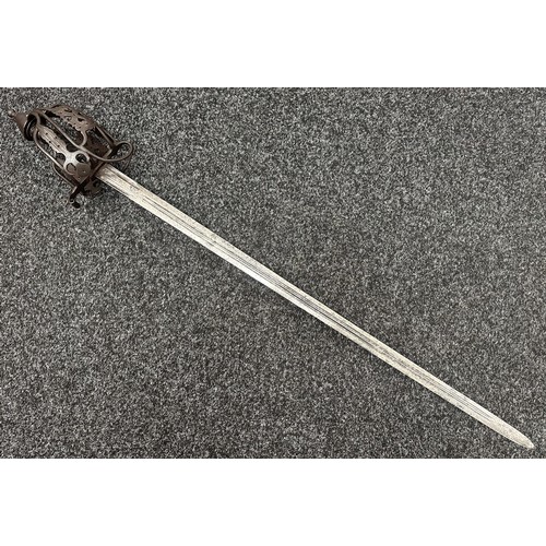 2157 - Scottish Basket Hilted Sword with double edged blade with double narrow fullers 845mm in length. No ... 