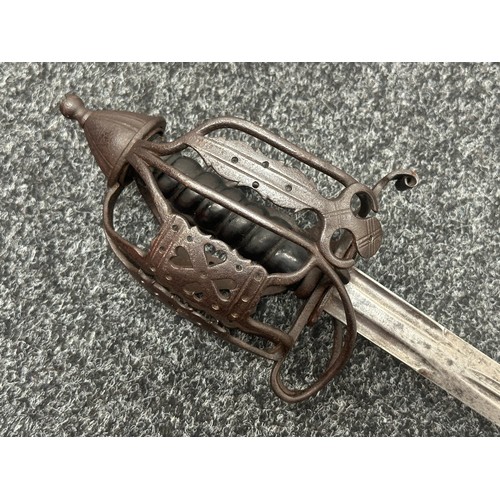 2157 - Scottish Basket Hilted Sword with double edged blade with double narrow fullers 845mm in length. No ... 