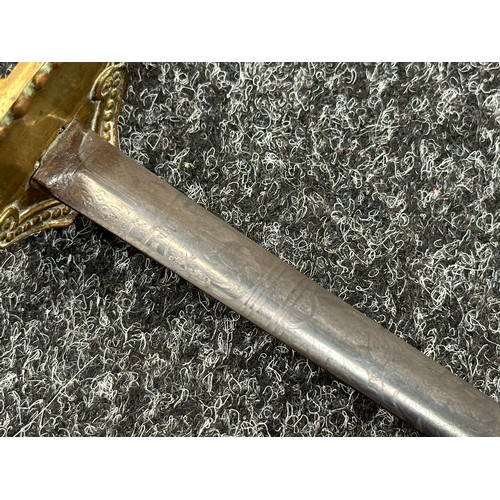 2158 - Court Sword with double edged blade 755mm in length, etched decoration, blued finish, maker marked 