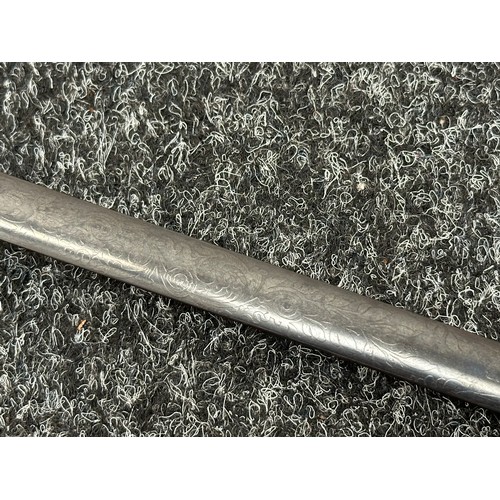 2158 - Court Sword with double edged blade 755mm in length, etched decoration, blued finish, maker marked 