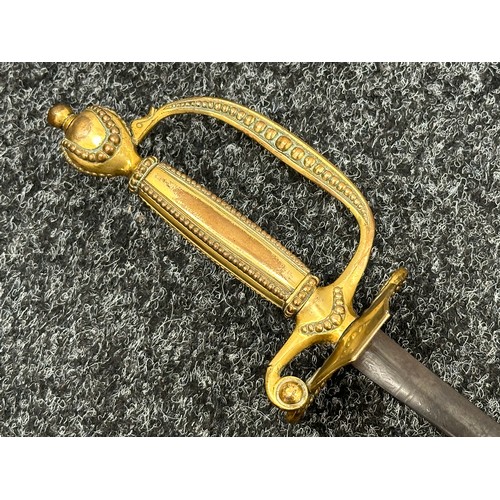 2158 - Court Sword with double edged blade 755mm in length, etched decoration, blued finish, maker marked 