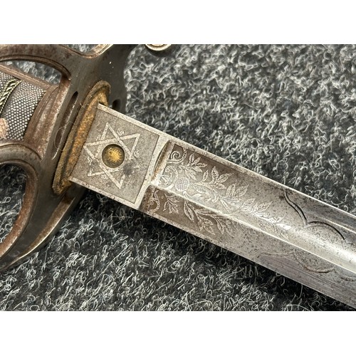 2163 - Canadian made Royal Artillery Officers Sword with fullered single edged blade, Proof marked, etched ... 