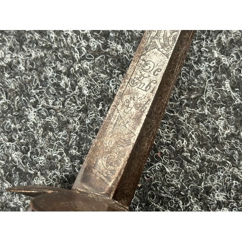 2169 - Small Court Sword with triangular blade, fullered to each side, engraved decoration. Marked 