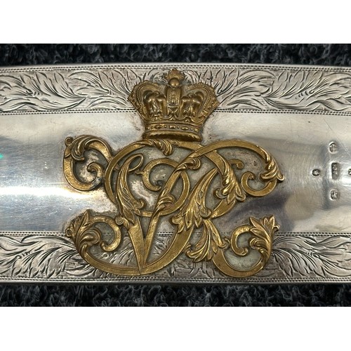 2174 - British Officers Silver Hallmarked Cross Belt Pouch. VR and Crown in gilt. Red Leather box. 185mm in... 