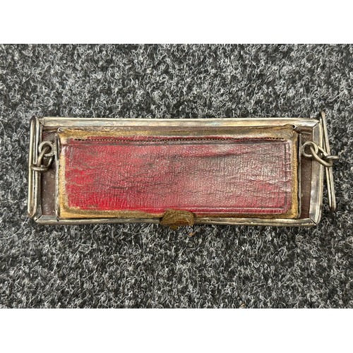 2174 - British Officers Silver Hallmarked Cross Belt Pouch. VR and Crown in gilt. Red Leather box. 185mm in... 