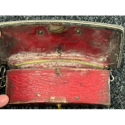 2174 - British Officers Silver Hallmarked Cross Belt Pouch. VR and Crown in gilt. Red Leather box. 185mm in... 