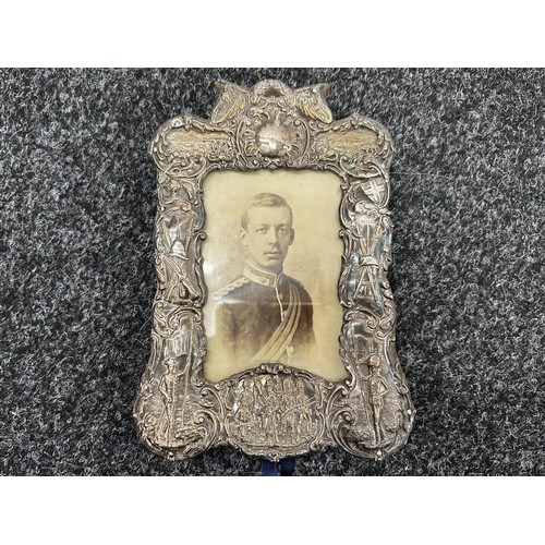 2178 - Silver Plated Military Themed Desk Photo Frame complete with a period photo of an Edwardian Officer ... 