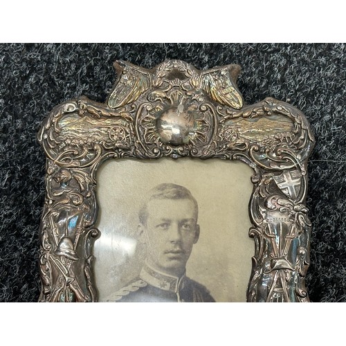 2178 - Silver Plated Military Themed Desk Photo Frame complete with a period photo of an Edwardian Officer ... 