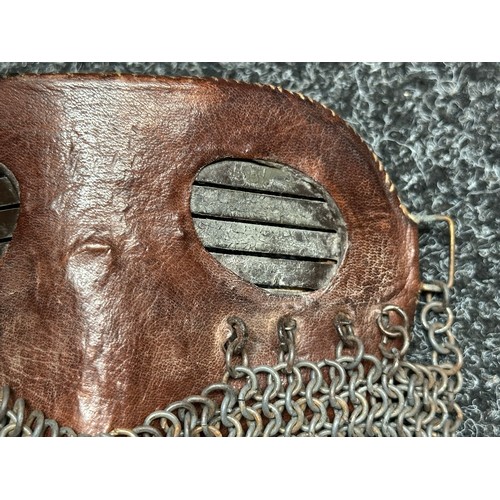 2189 - British WW1 Royal Tank Corps Vehicle Crew Anti Splatter Mask. Brown leather covered steel anti-fragm... 