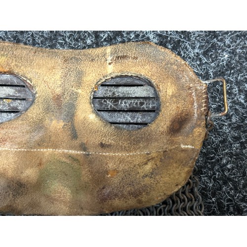 2189 - British WW1 Royal Tank Corps Vehicle Crew Anti Splatter Mask. Brown leather covered steel anti-fragm... 