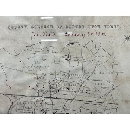 2190 - WW1 British Framed Air Raid Map January 31st 1916 County Borough Of Burton Upon Trent. Overall size ... 