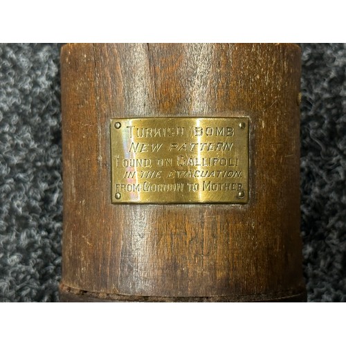 2191 - WW1 British Trench Art made from a Turkish New Pattern Bomb found at Gallipoli. Brass plaque affixed... 