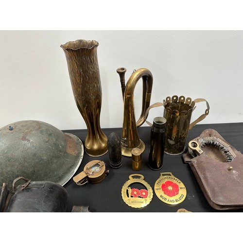 2196 - WW1 British Folding Saw in pouch dated 1918, no handles: Trench Art vase and jug: Brass Bugle, Horse... 