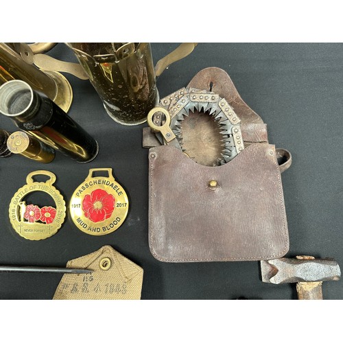 2196 - WW1 British Folding Saw in pouch dated 1918, no handles: Trench Art vase and jug: Brass Bugle, Horse... 