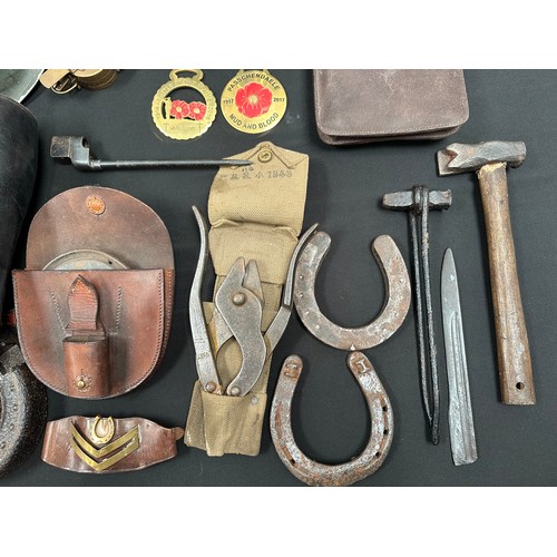 2196 - WW1 British Folding Saw in pouch dated 1918, no handles: Trench Art vase and jug: Brass Bugle, Horse... 