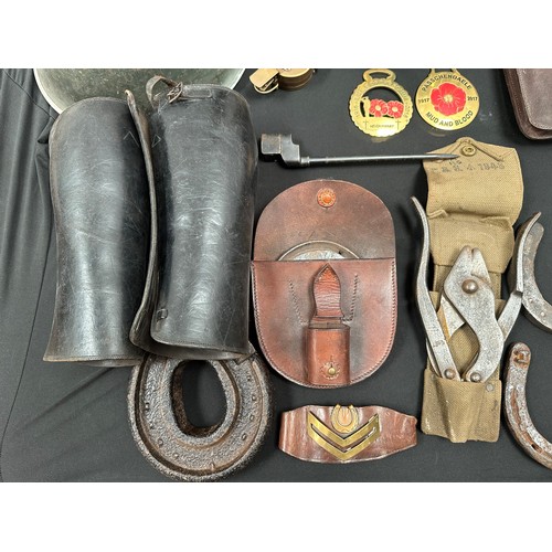 2196 - WW1 British Folding Saw in pouch dated 1918, no handles: Trench Art vase and jug: Brass Bugle, Horse... 