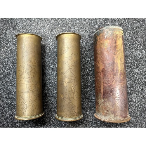 2198 - WW1 British Trench Art Shell Cases x 3. Two are 6 Prd III cases both dated 1918 and with crudly engr... 