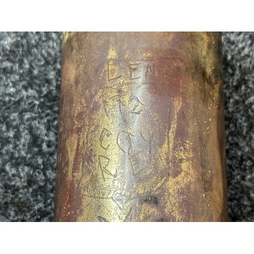 2198 - WW1 British Trench Art Shell Cases x 3. Two are 6 Prd III cases both dated 1918 and with crudly engr... 