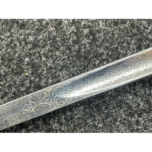 2203 - WW1 British 1897 Pattern Officers Sword with fullered single edged plated blade with etched decorati... 