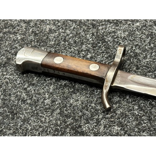 2210 - Finnish M28 Civil Guard Bayonet with single edged fullered blade 300mm in length, maker marked 