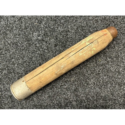 2229 - WW2 Wooden Practise Shell. Wooden body with steel nose cap. Remains of some original paint to the bo... 