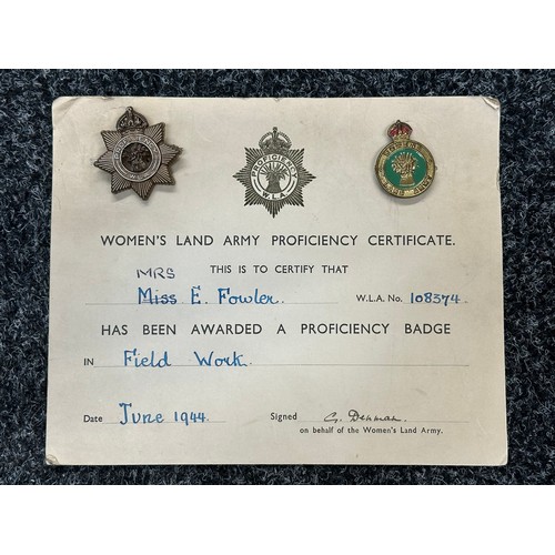 2239 - WW2 British Womens Land Army group to 108374 Mrs Edith Fowler to include her WLA Plastic Economy Pro... 