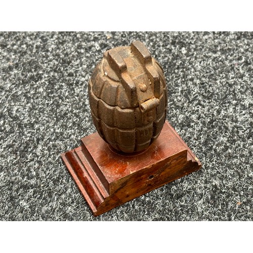 2261 - An unfinished Mills Grenade cut and fitted with a hinged lid to be used as an ash tray. Fitted to a ... 