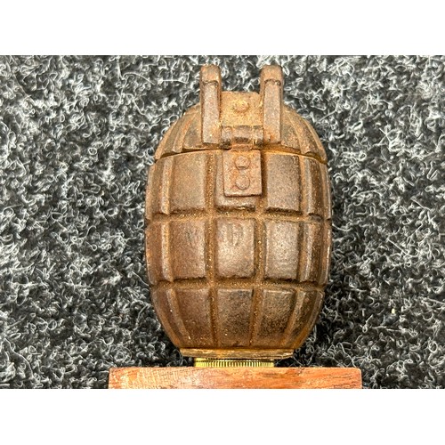 2261 - An unfinished Mills Grenade cut and fitted with a hinged lid to be used as an ash tray. Fitted to a ... 