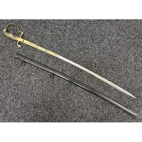 2286 - Imperial German Army officers Sword with pipe backed Damascus blade 816mm in length with gilt and bl... 