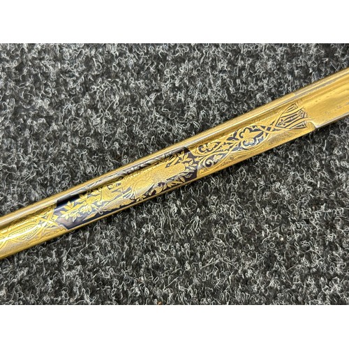 2286 - Imperial German Army officers Sword with pipe backed Damascus blade 816mm in length with gilt and bl... 