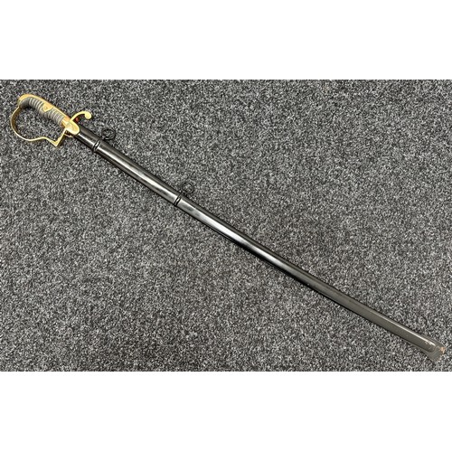 2286 - Imperial German Army officers Sword with pipe backed Damascus blade 816mm in length with gilt and bl... 