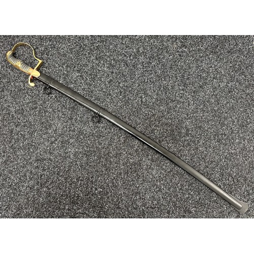 2286 - Imperial German Army officers Sword with pipe backed Damascus blade 816mm in length with gilt and bl... 