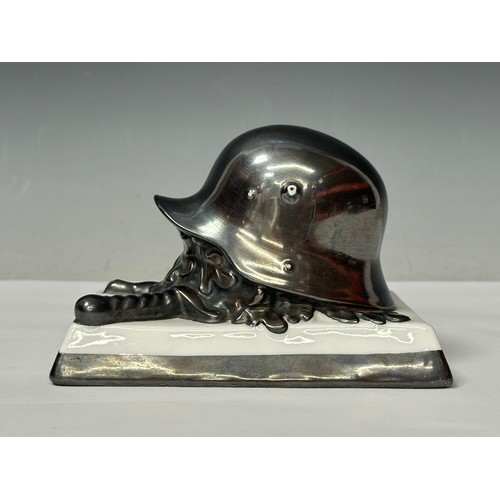 2318 - WW2 Third Reich Desk Ornament of an M16 steel helmet with Crossed Swords and Oakleaves by Rosenthal ... 