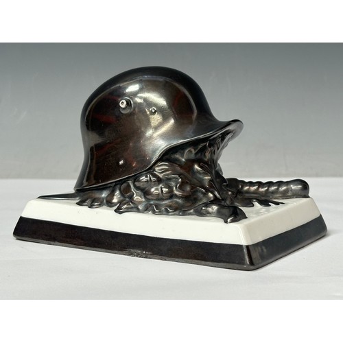 2318 - WW2 Third Reich Desk Ornament of an M16 steel helmet with Crossed Swords and Oakleaves by Rosenthal ... 