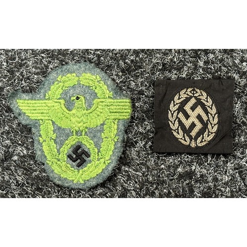 2351 - WW2 Third Reich Schuma Battalion Bevo Cap Insignia, uncut: Police sleeve eagle, uniform removed. (2)